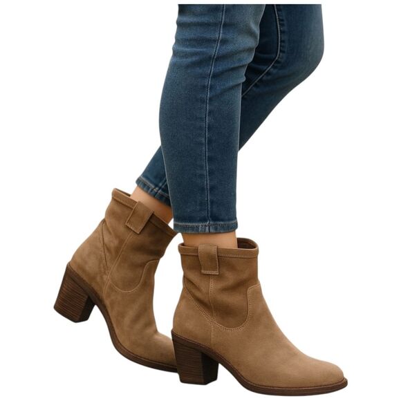 Fiorentini + Baker Tan Italian Suede Leather Heeled Western Ankle Boots Size 38 - Picture 1 of 9